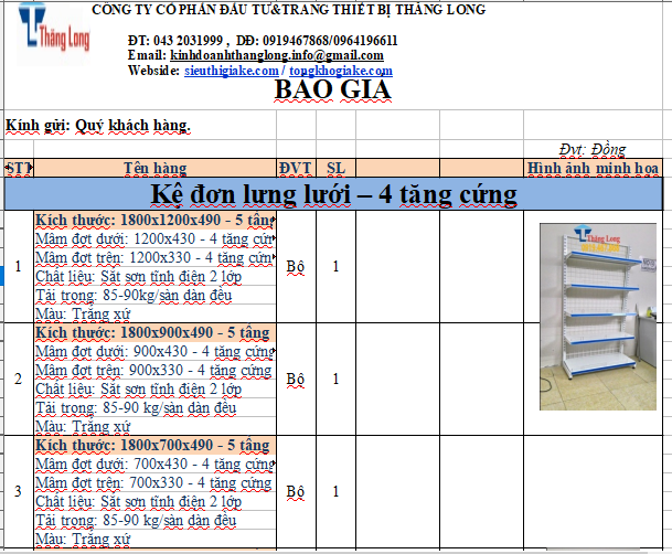 bảng báo giá kệ siêu thị Thăng Long